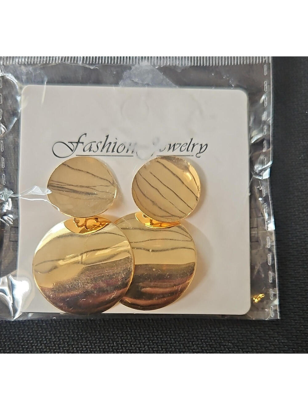 Gold Tone Double Disc Dangle/Drop Earrings, Round Metal, Butterfly Closure